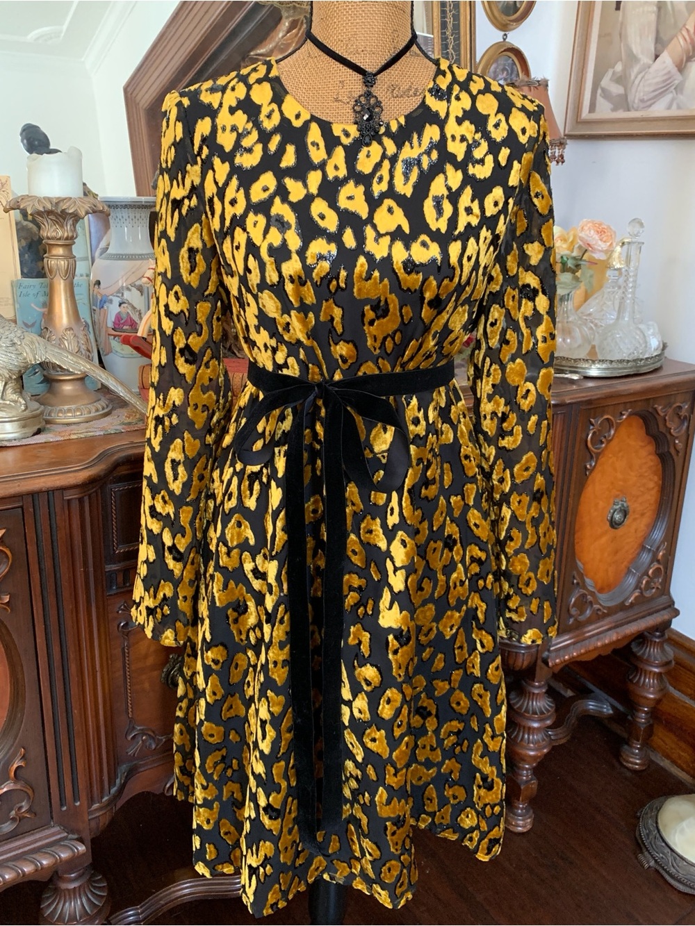 Vintage Danish Chiffon Black & Yellow Velvet Gothic Leopard Print Dress w Belt